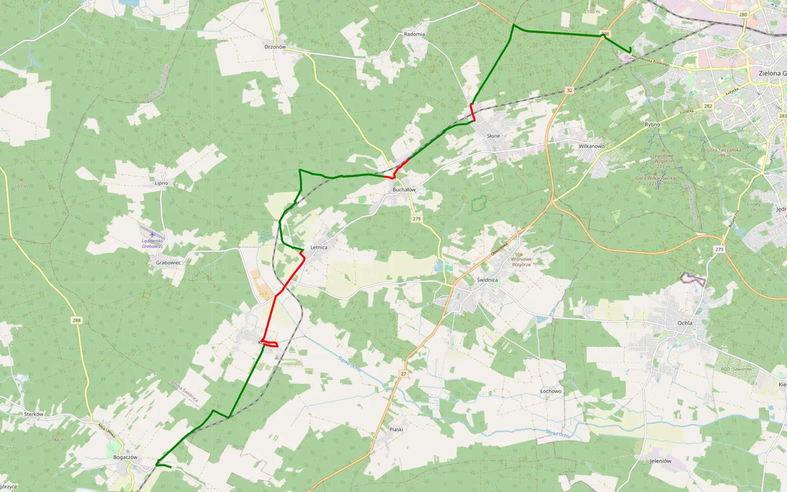 Map of Zacisze - Bogaczów - 19 km offroad trail, Zielona Góra County