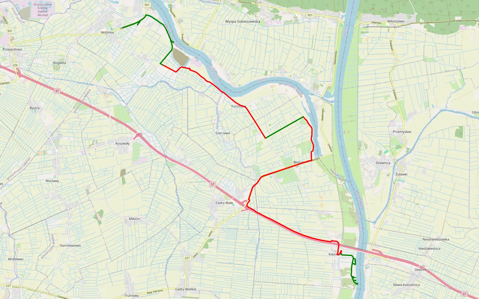 Mapa trasy Wiślinka - Stróża - 21.5 km trasy offroad, Powiat Gdański