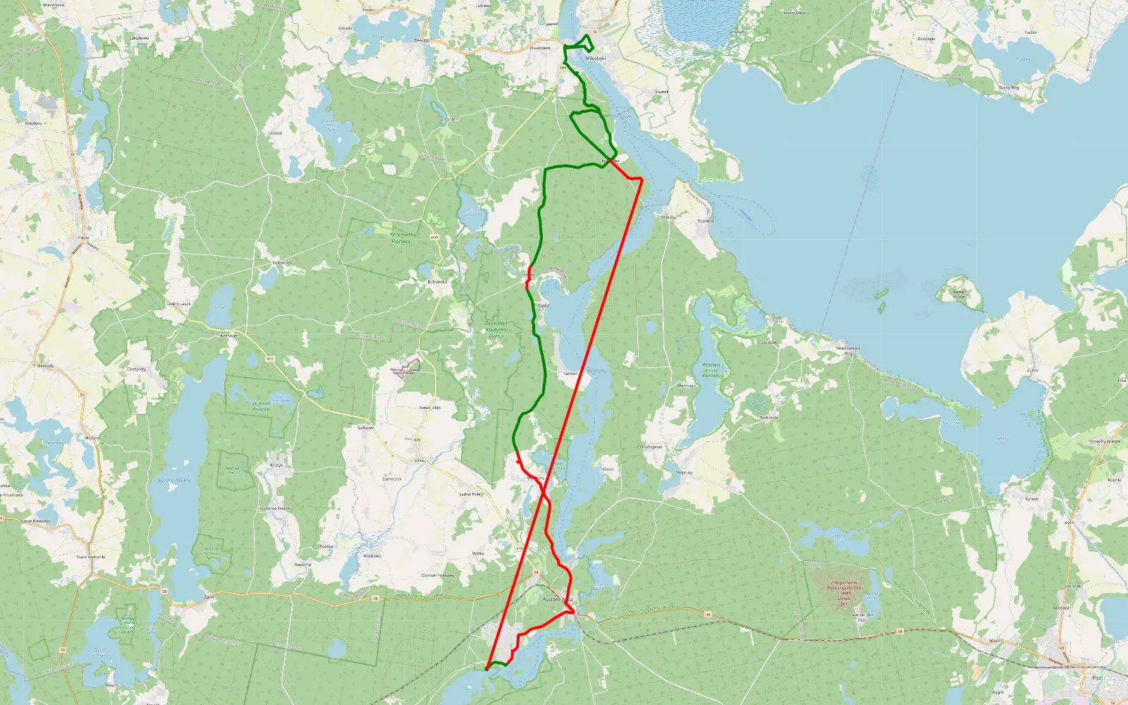 Mapa trasy Mikołajki - 44.4 km trasy offroad, Powiat Piski