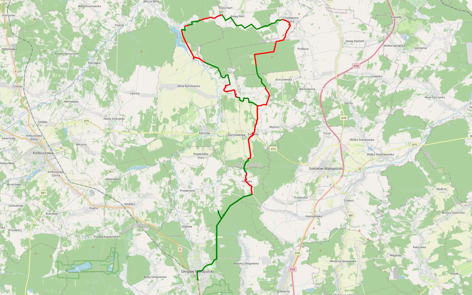 Mapa trasy Głogów Małopolski - 64.2 km trasy offroad, Powiat Kolbuszowski