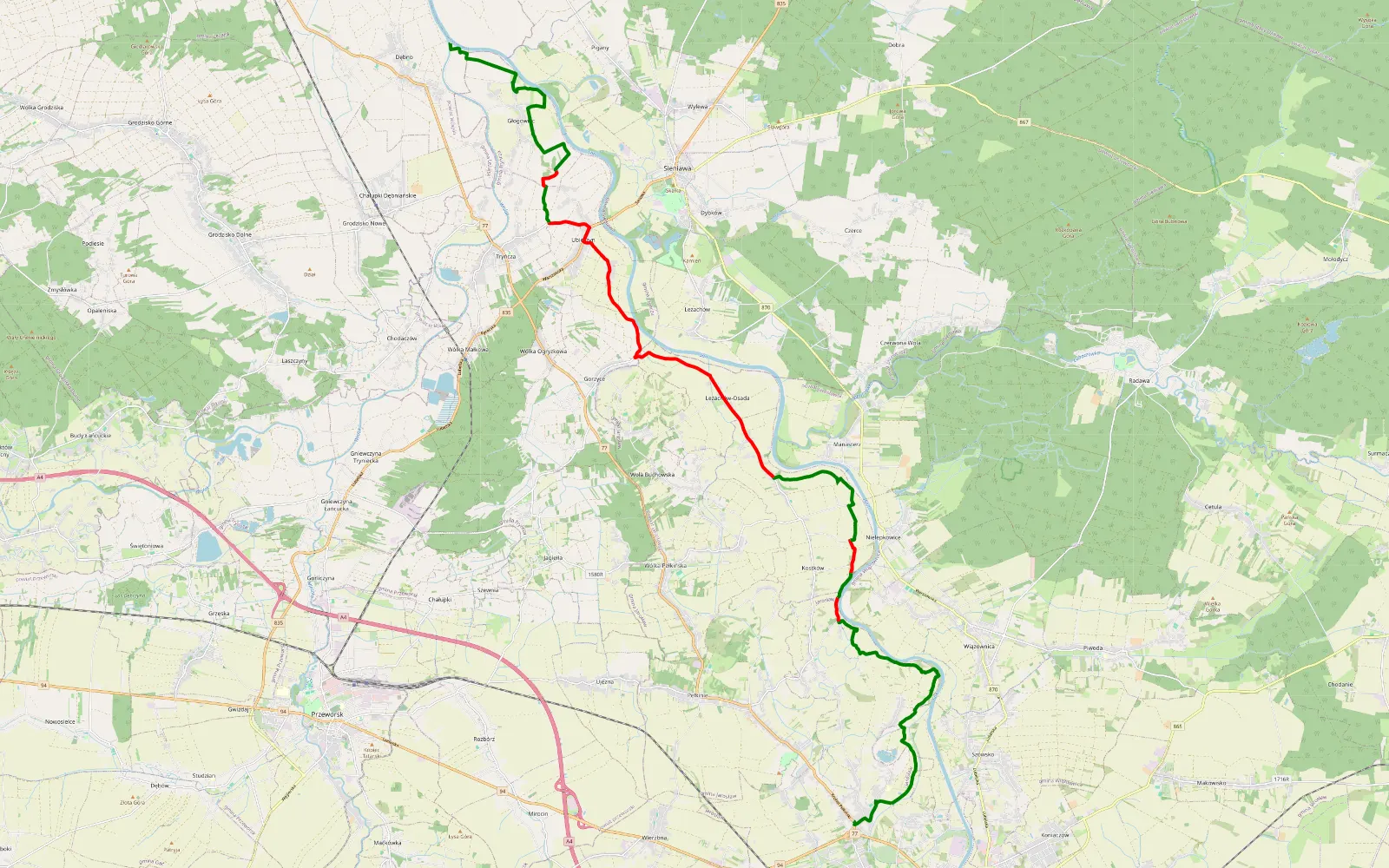 Mapa trasy Leżajskie Dolne - Dębno - 31 km trasy offroad, Powiat Jarosławski