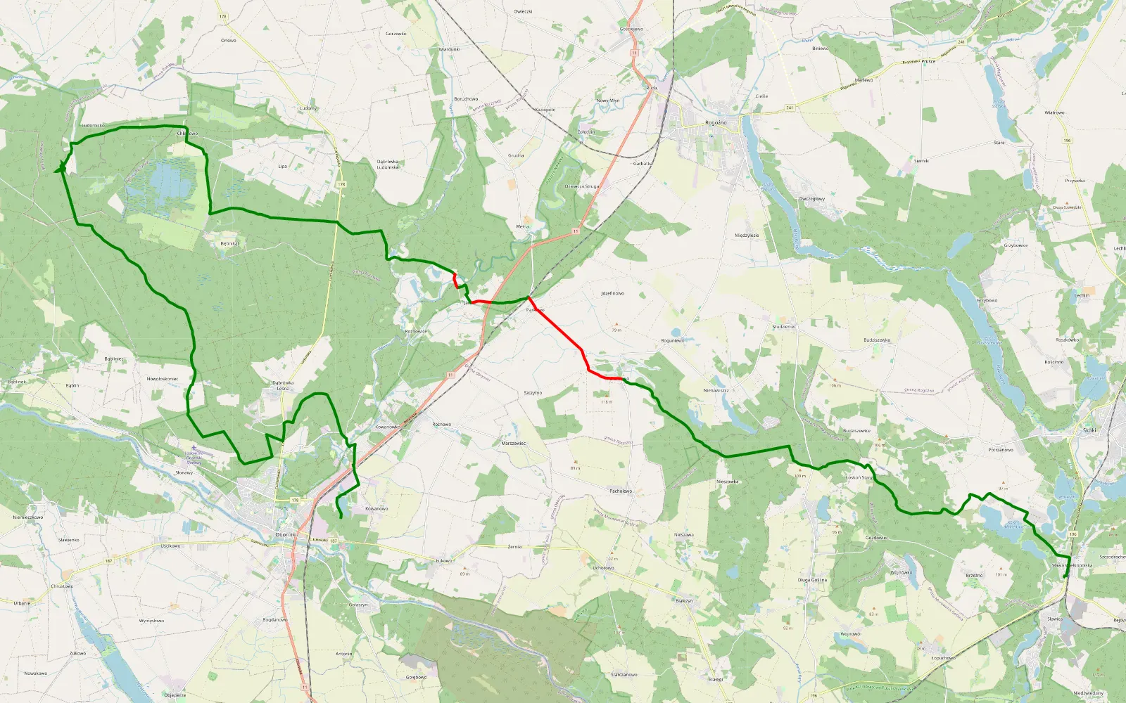 Map of Kowanowo - Szczodrochowo by Miki - 48.7 km offroad trail, Oborniki County