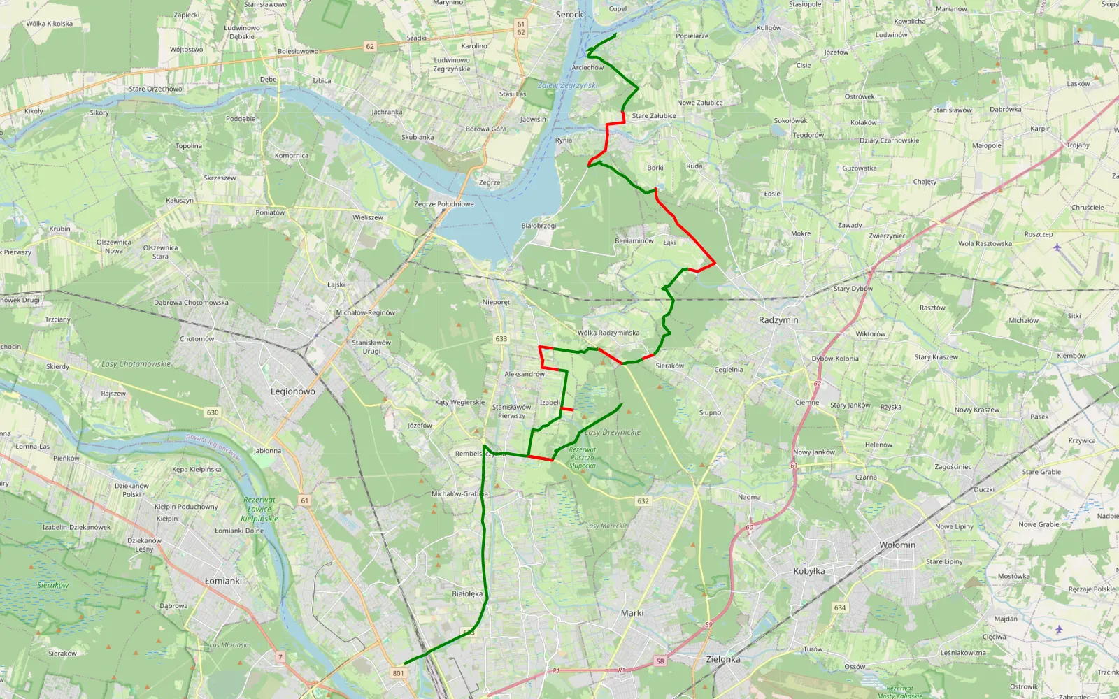 Mapa trasy Żerań - Cupel - 36.5 km trasy offroad, Powiat Legionowski