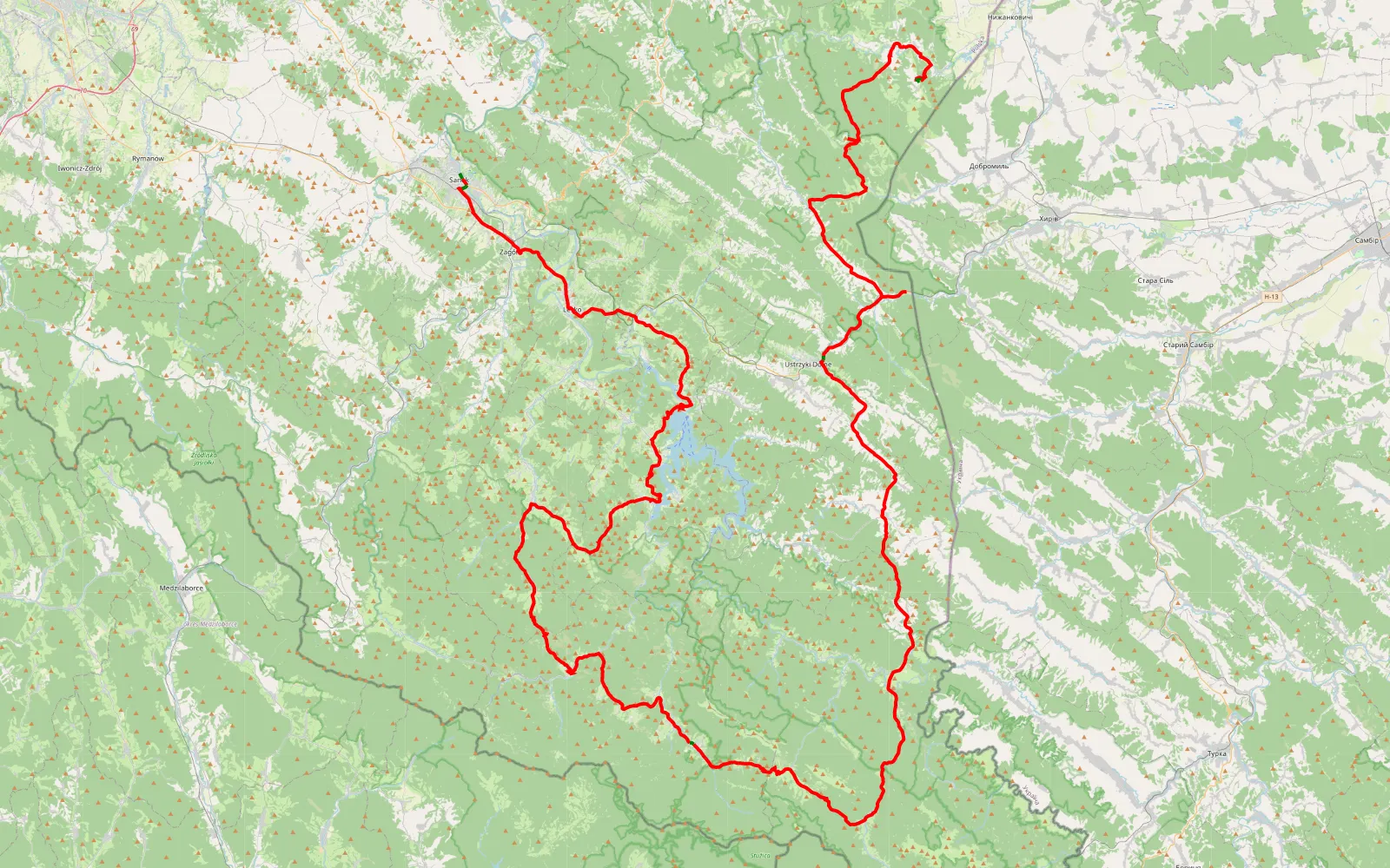 Map of Sanok - Łańcut — 210.7 km offroad trail, Bieszczady County