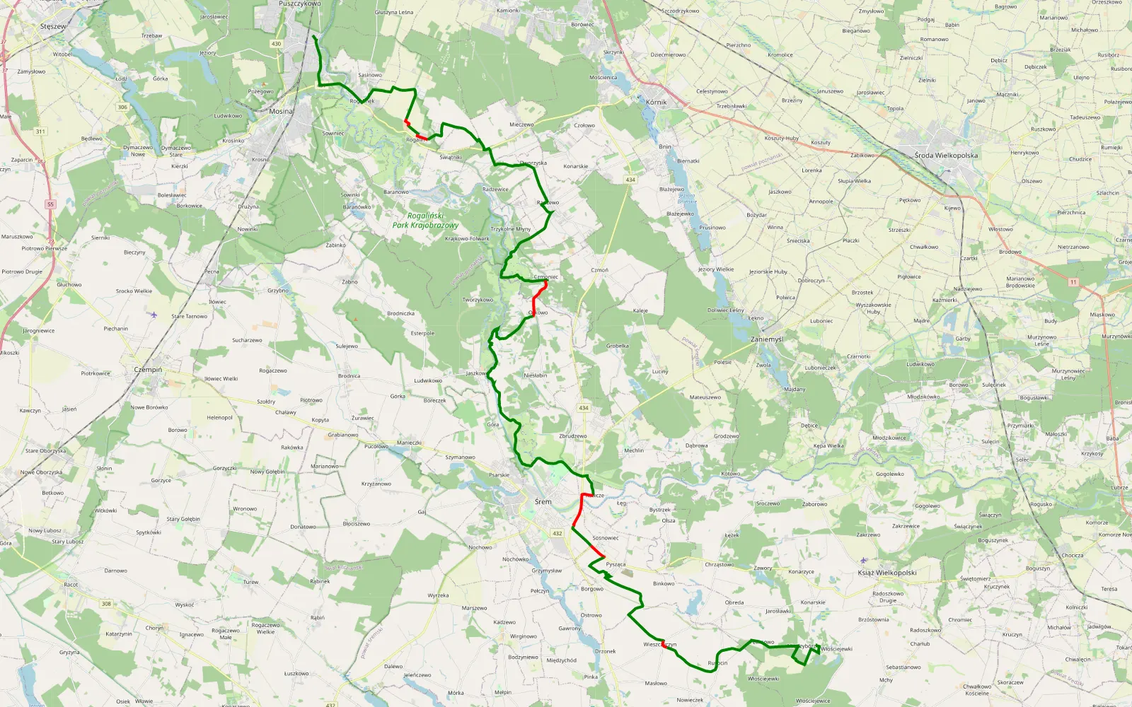 Mapa trasy Trasa GPS 63km Autodrom - Puszczykowo - 50.7 km trasy offroad, Powiat Śremski