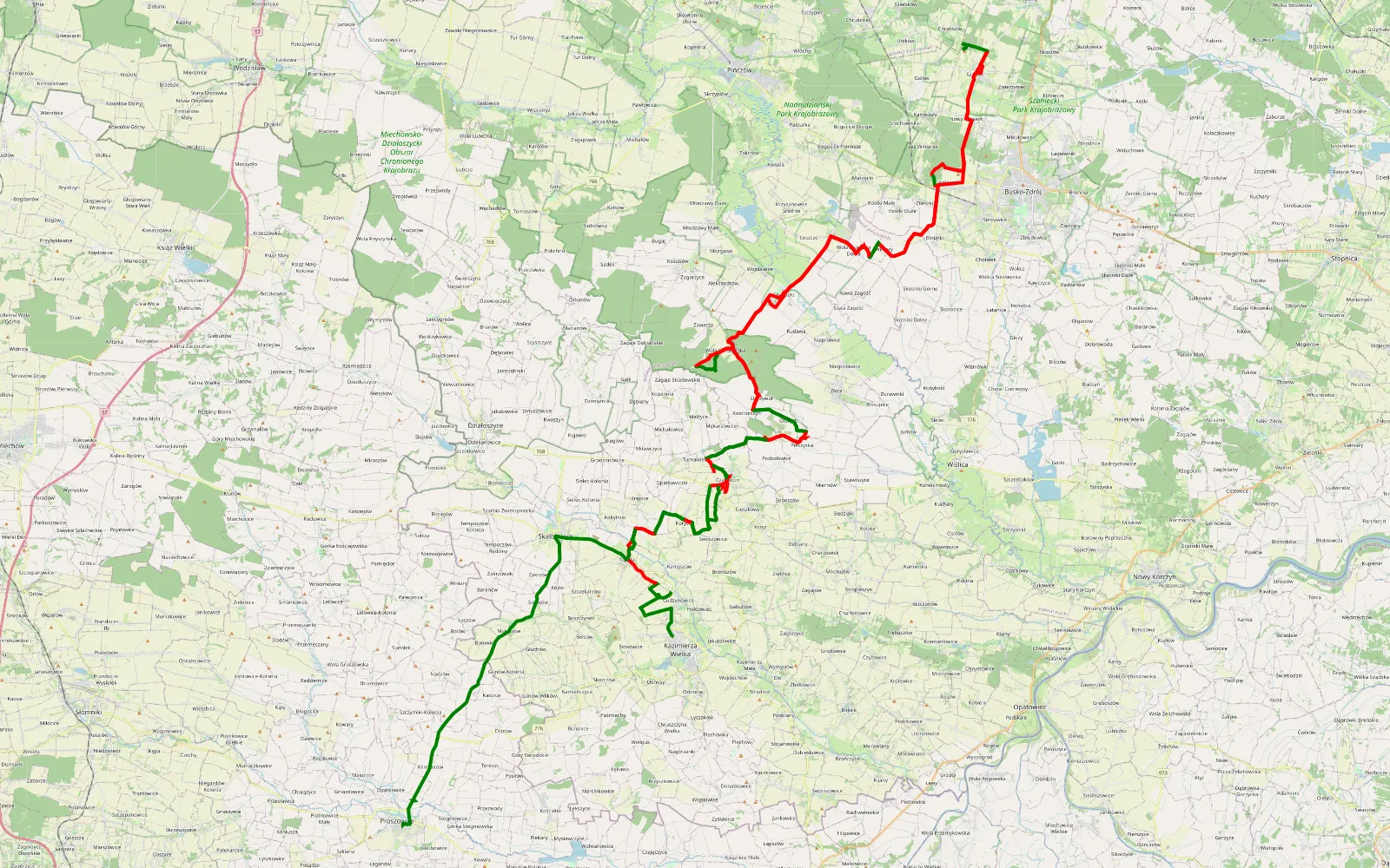 Mapa trasy Kazimierza Wielka - Proszowice - 118.7 km trasy offroad, Powiat Pińczowski