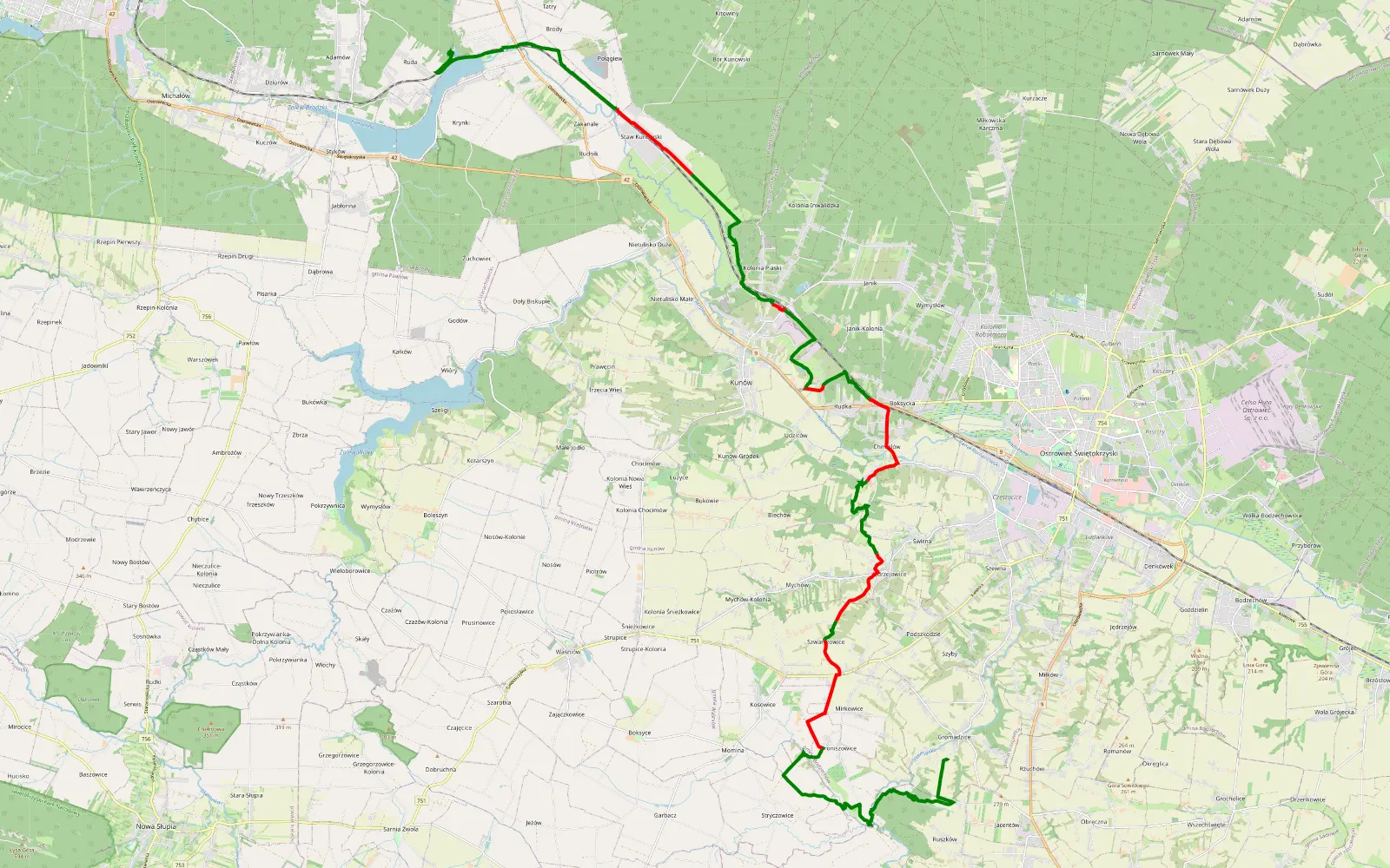 Map of Gromadzice - Ruda - 33.6 km offroad trail, Ostrowiec County