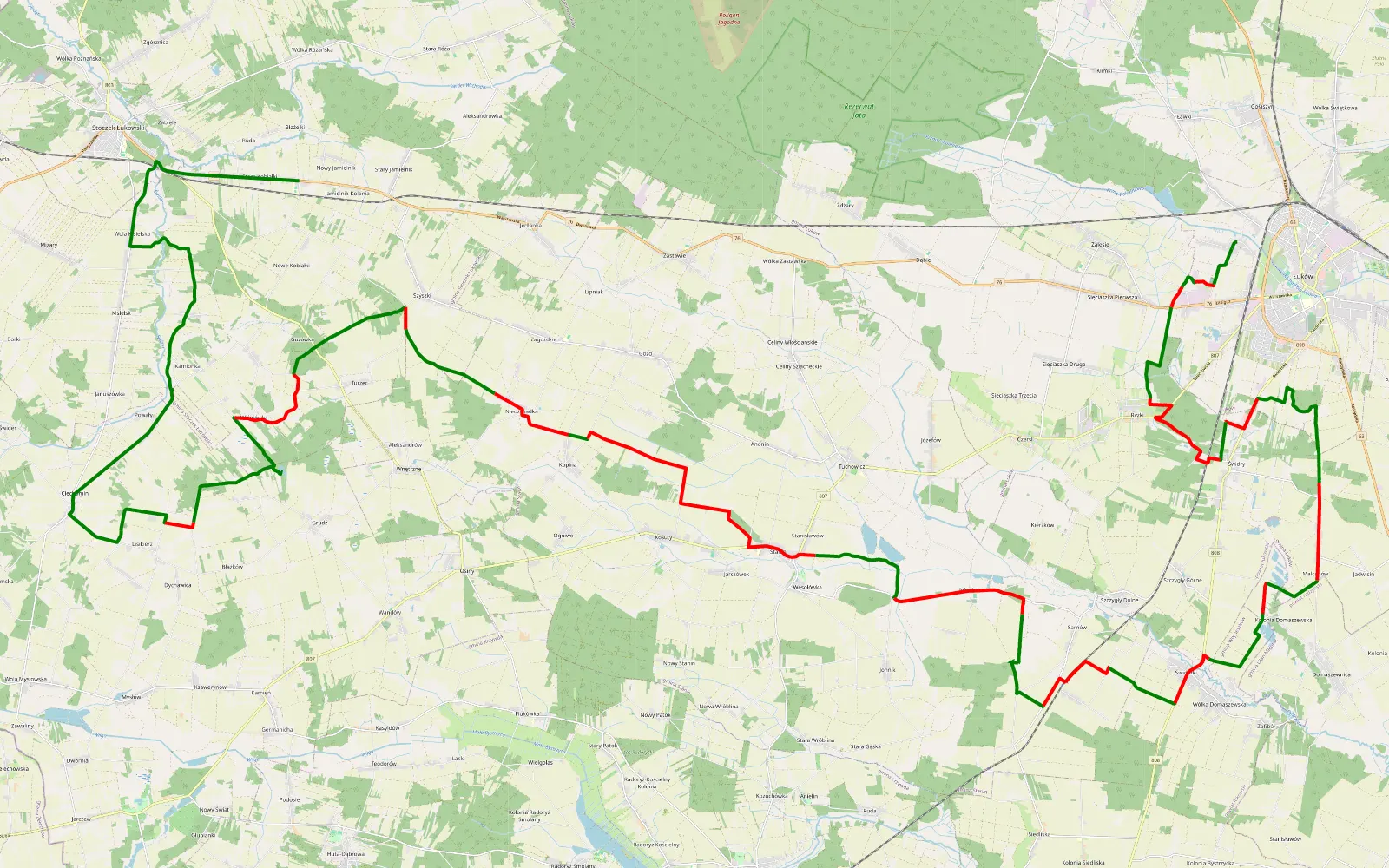 Mapa trasy Kobiałki Stare - Poważe - 62.7 km trasy offroad, Powiat Łukowski