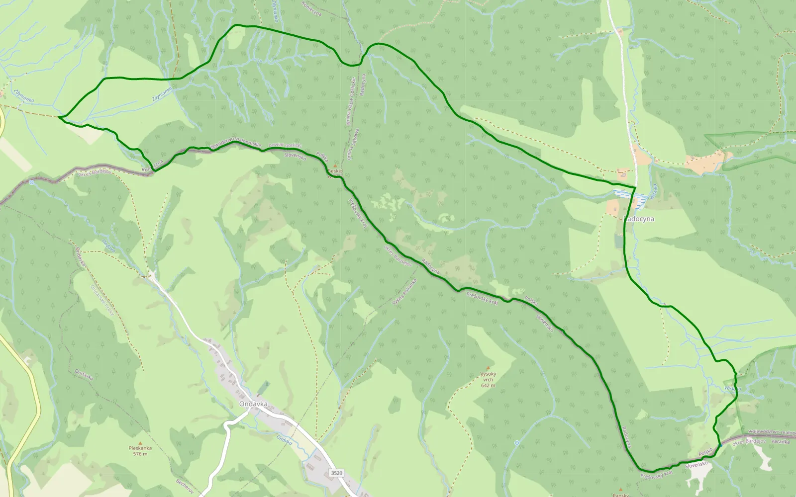 Mapa trasy Przełęcz pod Dębim Wierchem – Radocyna - 14.1 km trasy offroad, Powiat Gorlicki
