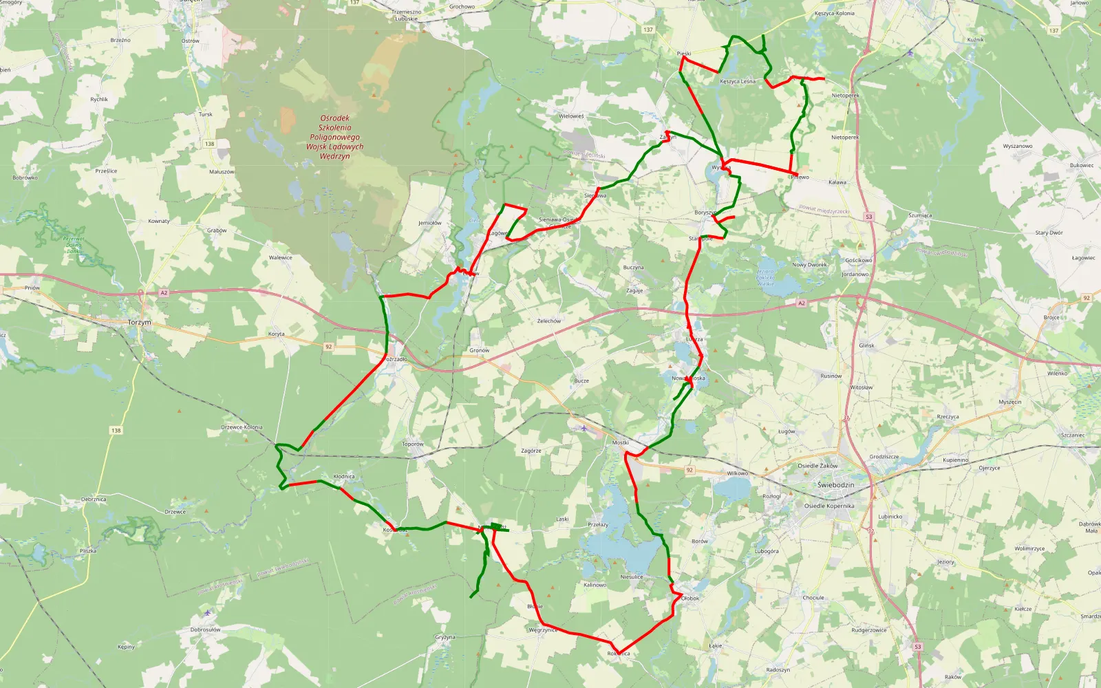 Mapa trasy Team spiryt - 138.3 km trasy offroad, Powiat Świebodziński