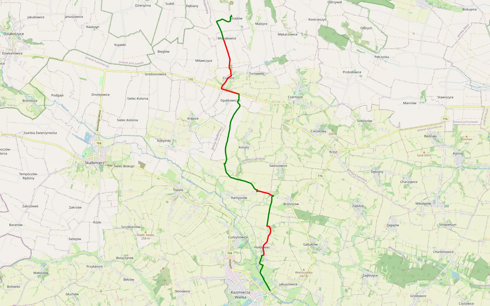 Map of Kazimierza Wielka - Stradów - 14.8 km offroad trail, Kazimierza County