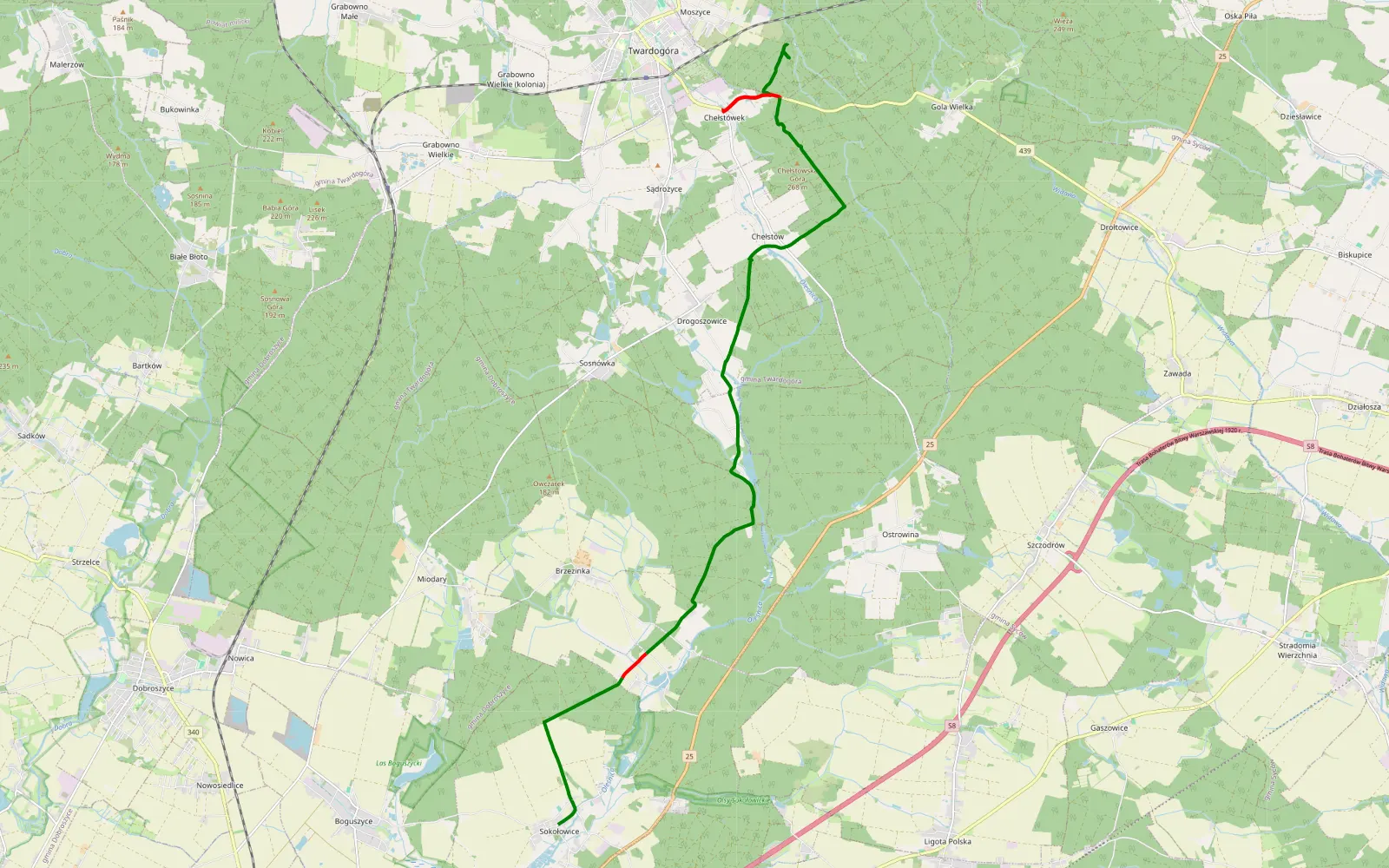 Map of Moszyce - Sokołowice - 19.7 km offroad trail, Oleśnica County