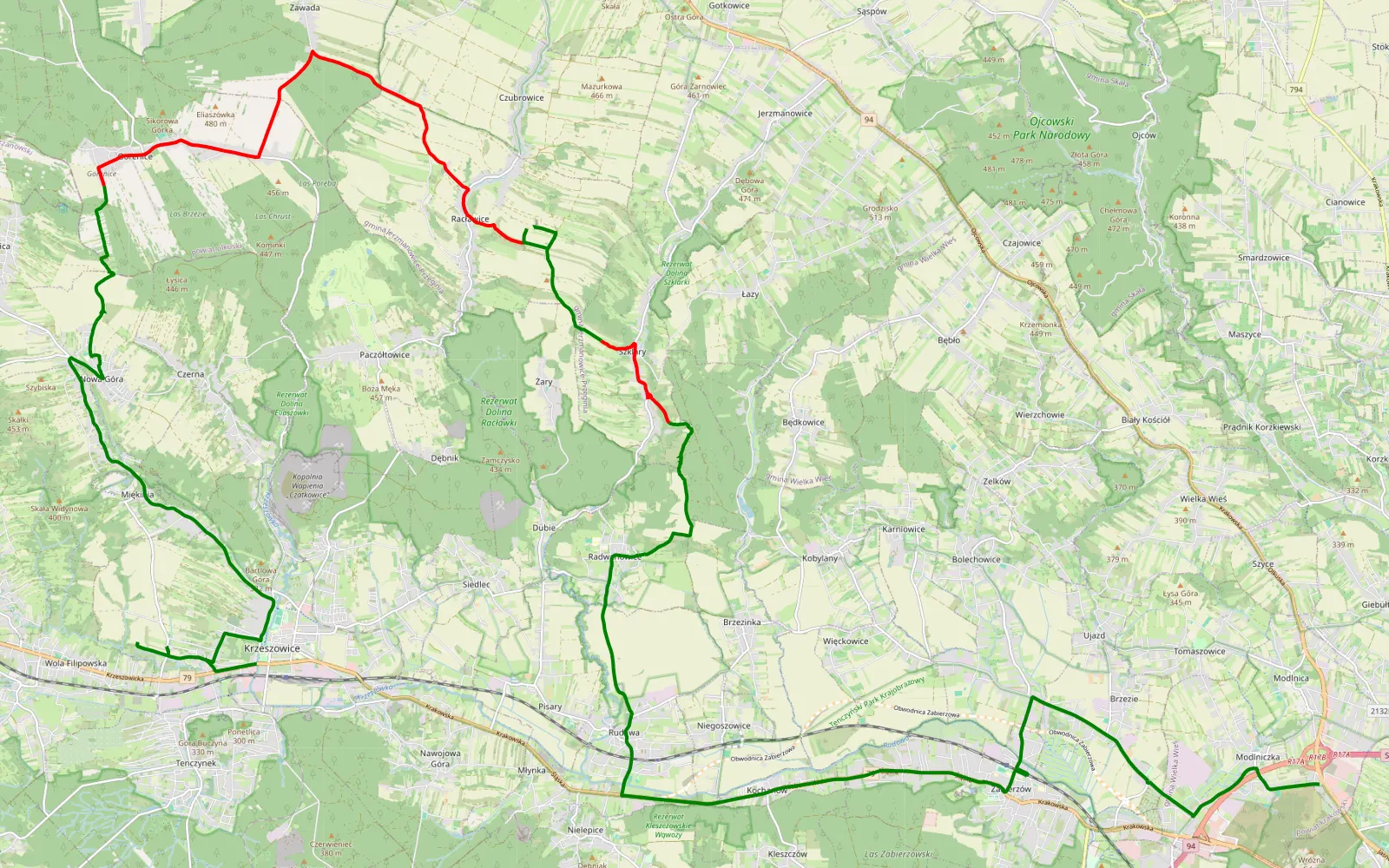Mapa trasy Krzeszowice - Modlniczka - 22.6 km trasy offroad, Powiat Krakowski