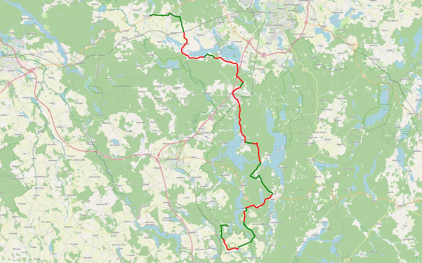 Map of Gietrzwałd - Maróz - 53.9 km offroad trail, Olsztyn County