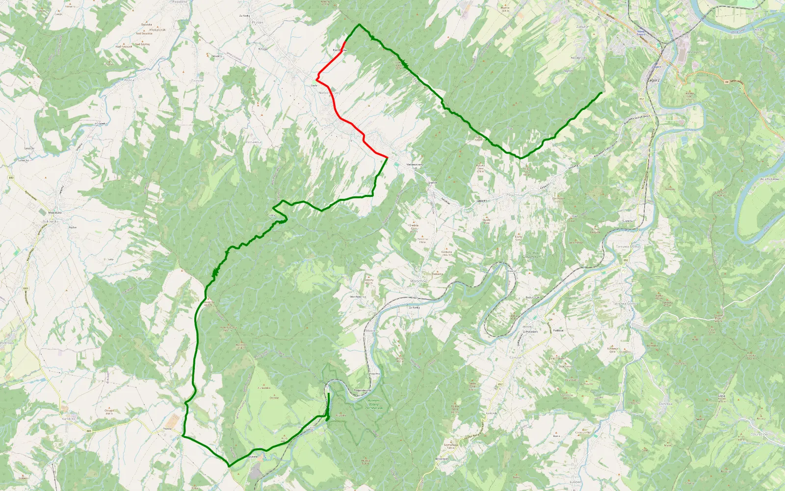Map of Nowy Zagórz - Wysoczany - 28.6 km offroad trail, Sanok County