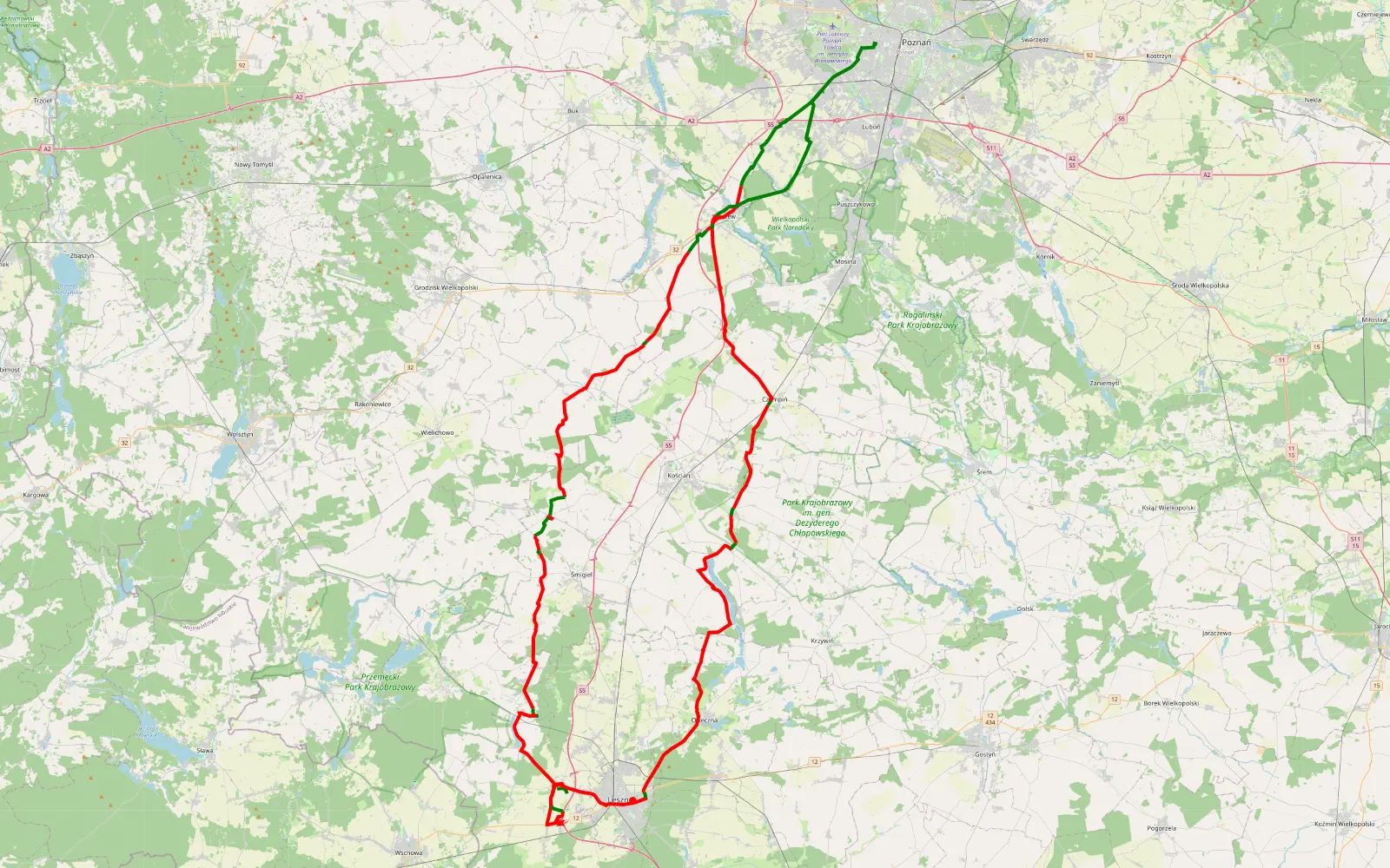 Mapa trasy Plewiska - Stary Grunwald - 152.6 km trasy offroad, Powiat Kościański