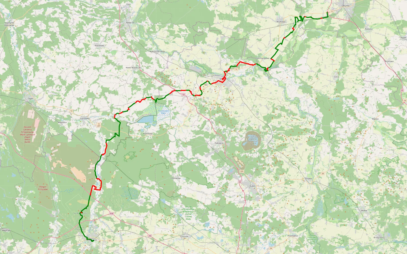 Map of Lasocice - Bolesławiec - 148.6 km offroad trail, Żagań County