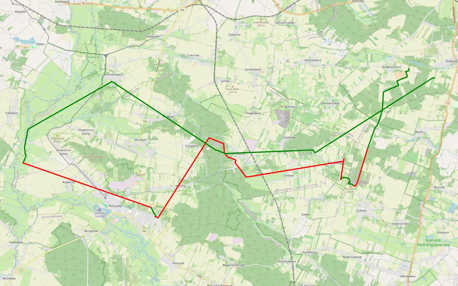 Mapa trasy Śladków Duży - Śladków Mały - 28.3 km trasy offroad, Powiat Pińczowski