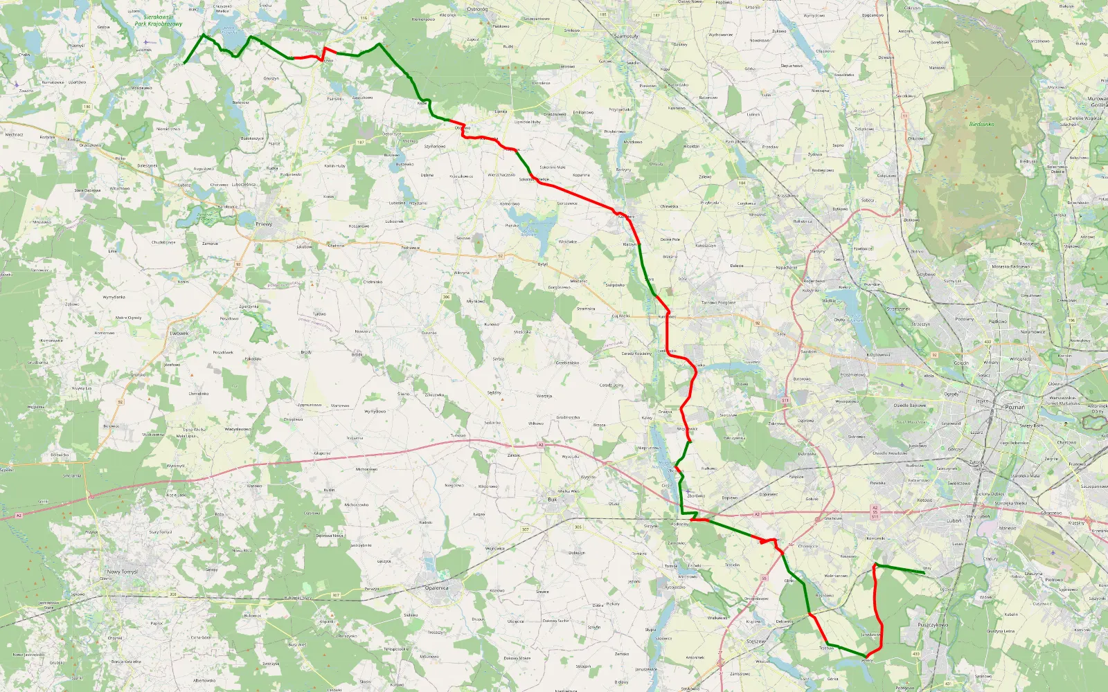 Map of Wiry - Łężce - 77.7 km offroad trail, Poznań County