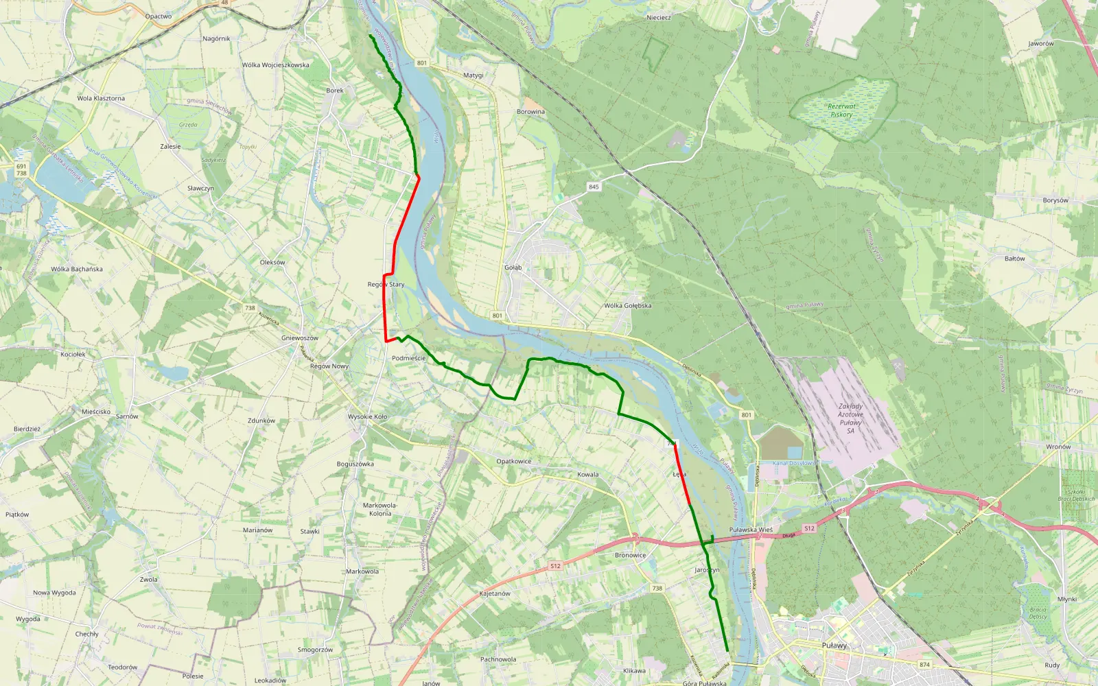 Mapa trasy Góra Puławska - Borowa - 18.9 km trasy offroad, Powiat Kozienicki