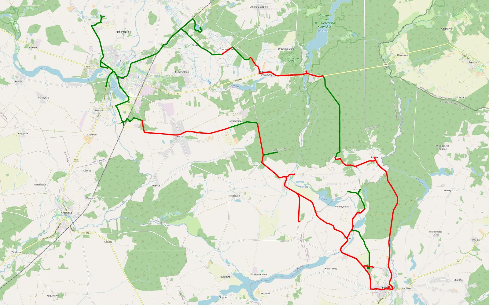 Map of Złotów - Błękwit - 68.5 km offroad trail, Złotów County