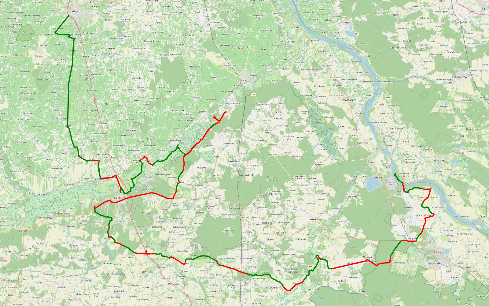 Map of Grójec - Wilczkowice Górne - 141.8 km offroad trail, Białobrzegi County