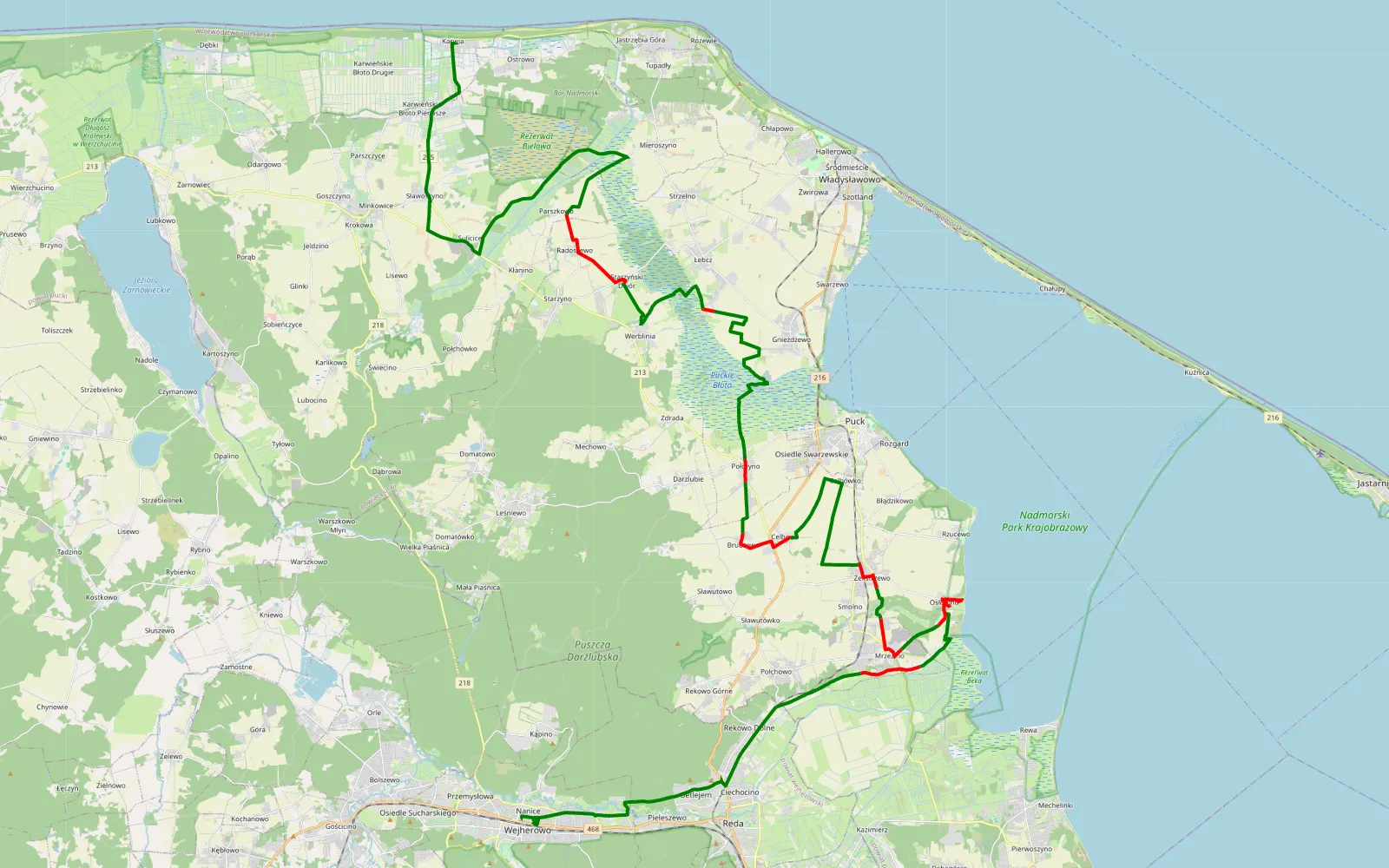 Mapa trasy Wejherowo - Karwia - 54.3 km trasy offroad, Powiat Pucki