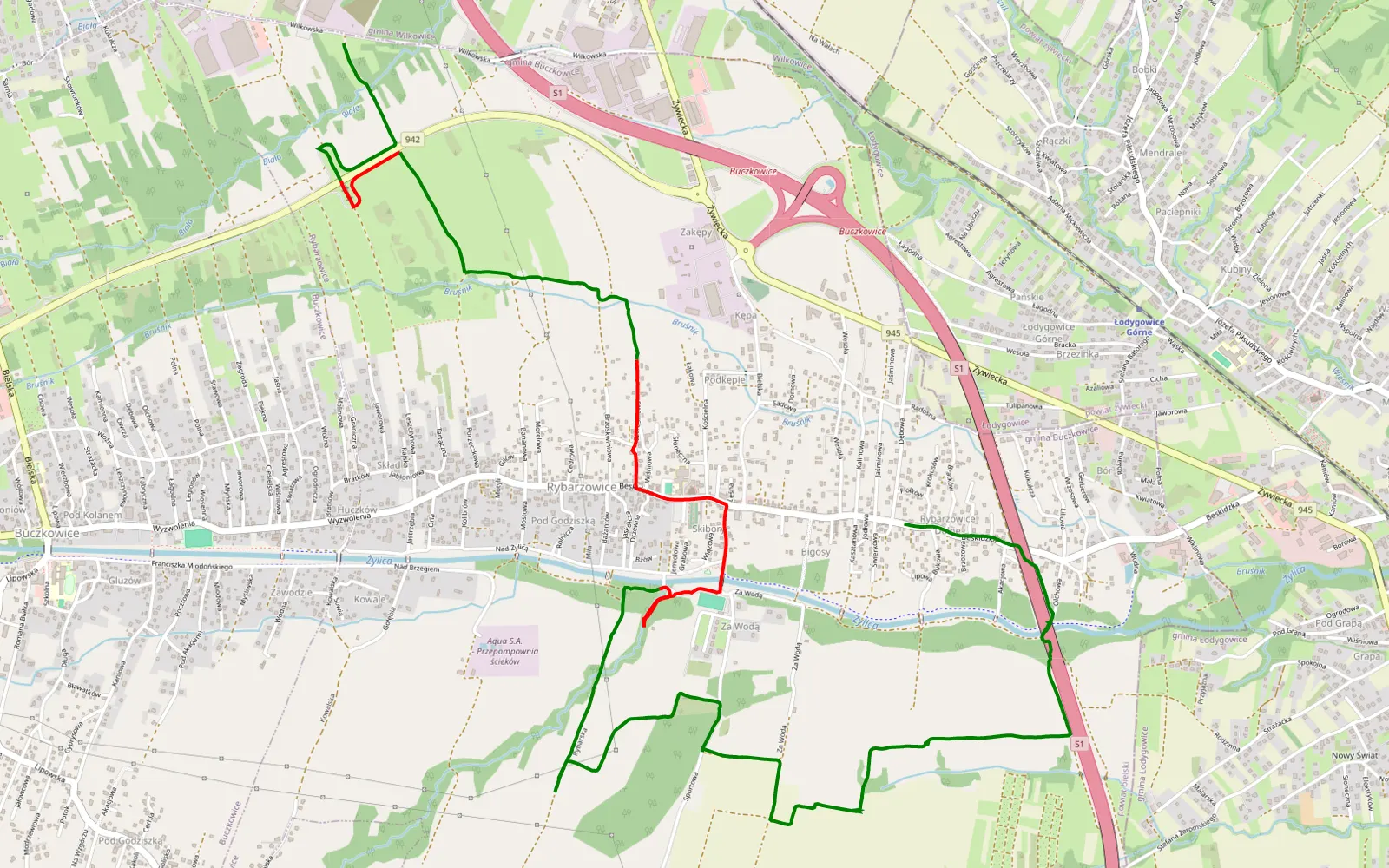 Mapa trasy Bór Łodygowski - Rybarzowice - 8.6 km trasy offroad, Powiat Bielski