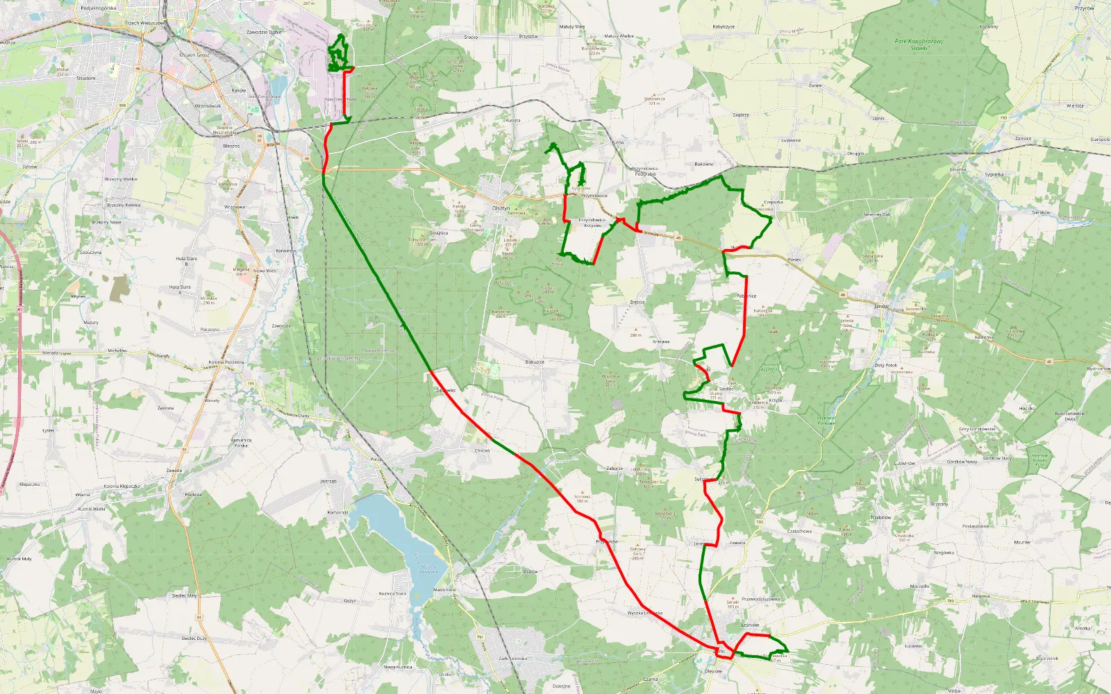 Mapa trasy Turów Górny - Kucelin - 80 km trasy offroad, Powiat Częstochowski