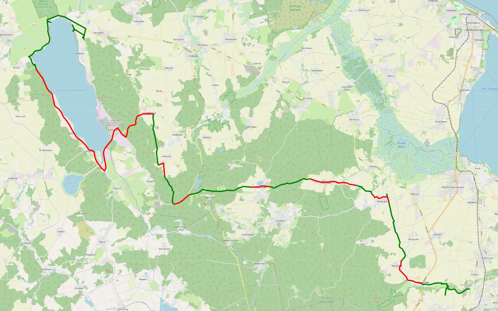 Mapa trasy Jezioro Żarnowieckie - 46.3 km trasy offroad, Powiat Pucki