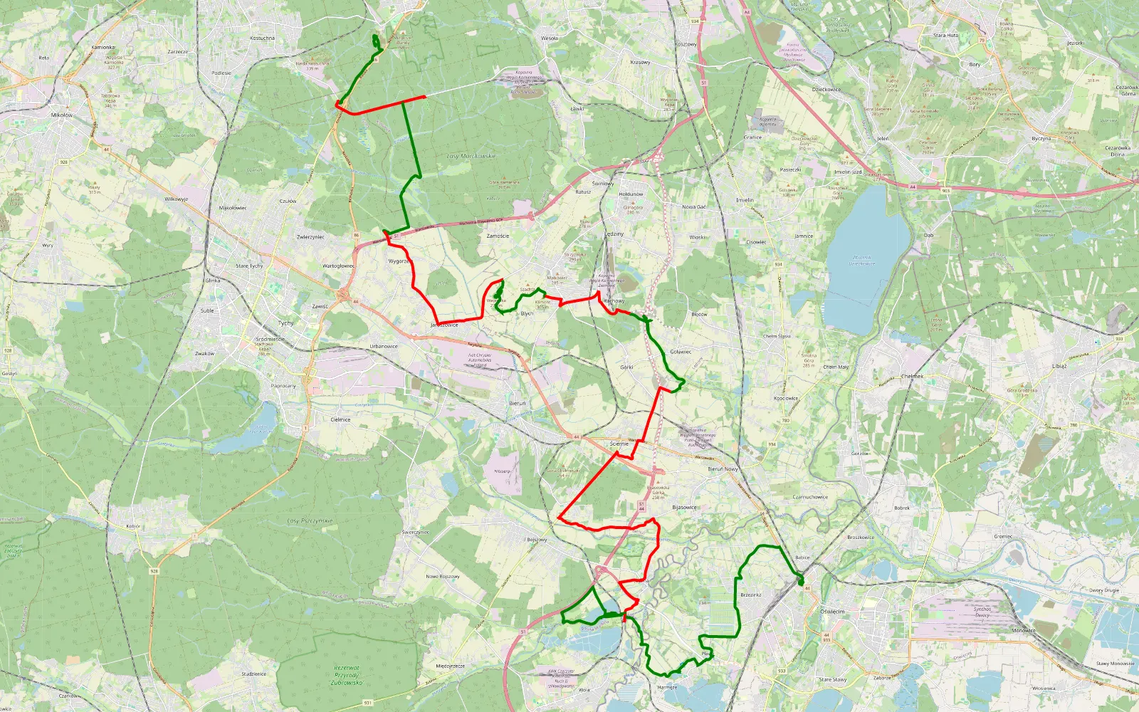 Mapa trasy Murcki - Oświęcim - 52.6 km trasy offroad, Powiat Bieruńsko-lędziński