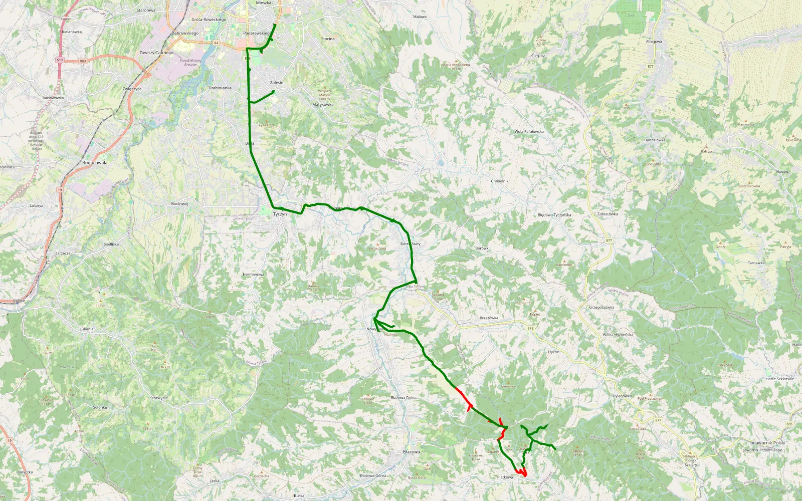 Mapa trasy Paderewskiego - Zalesie - 23.6 km trasy offroad, Powiat Rzeszowski