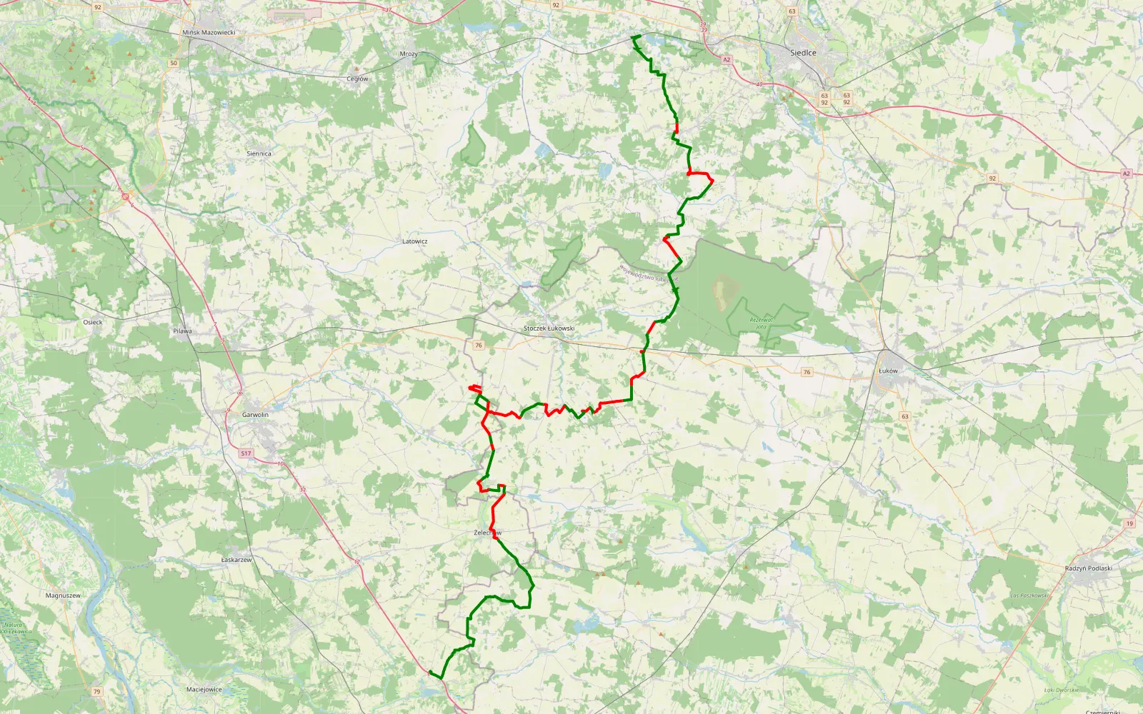 Map of Kotuń - Trojanów - 83.4 km offroad trail, Łuków County
