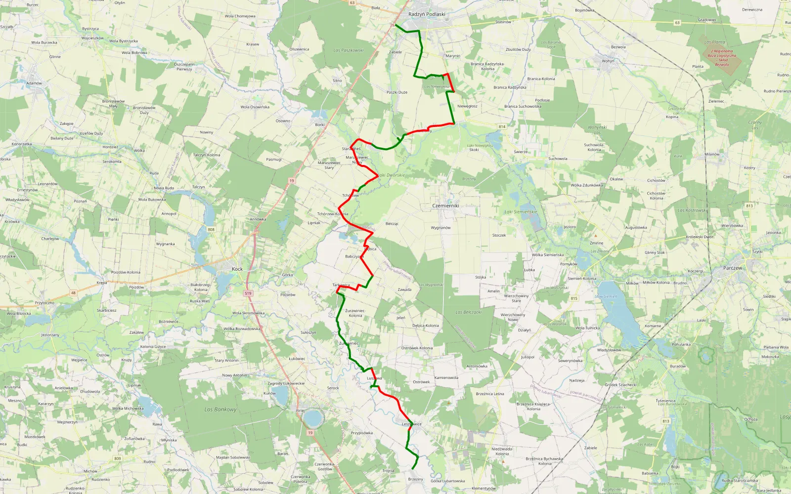 Mapa trasy Biała - Brzeziny - 48.3 km trasy offroad, Powiat Lubartowski