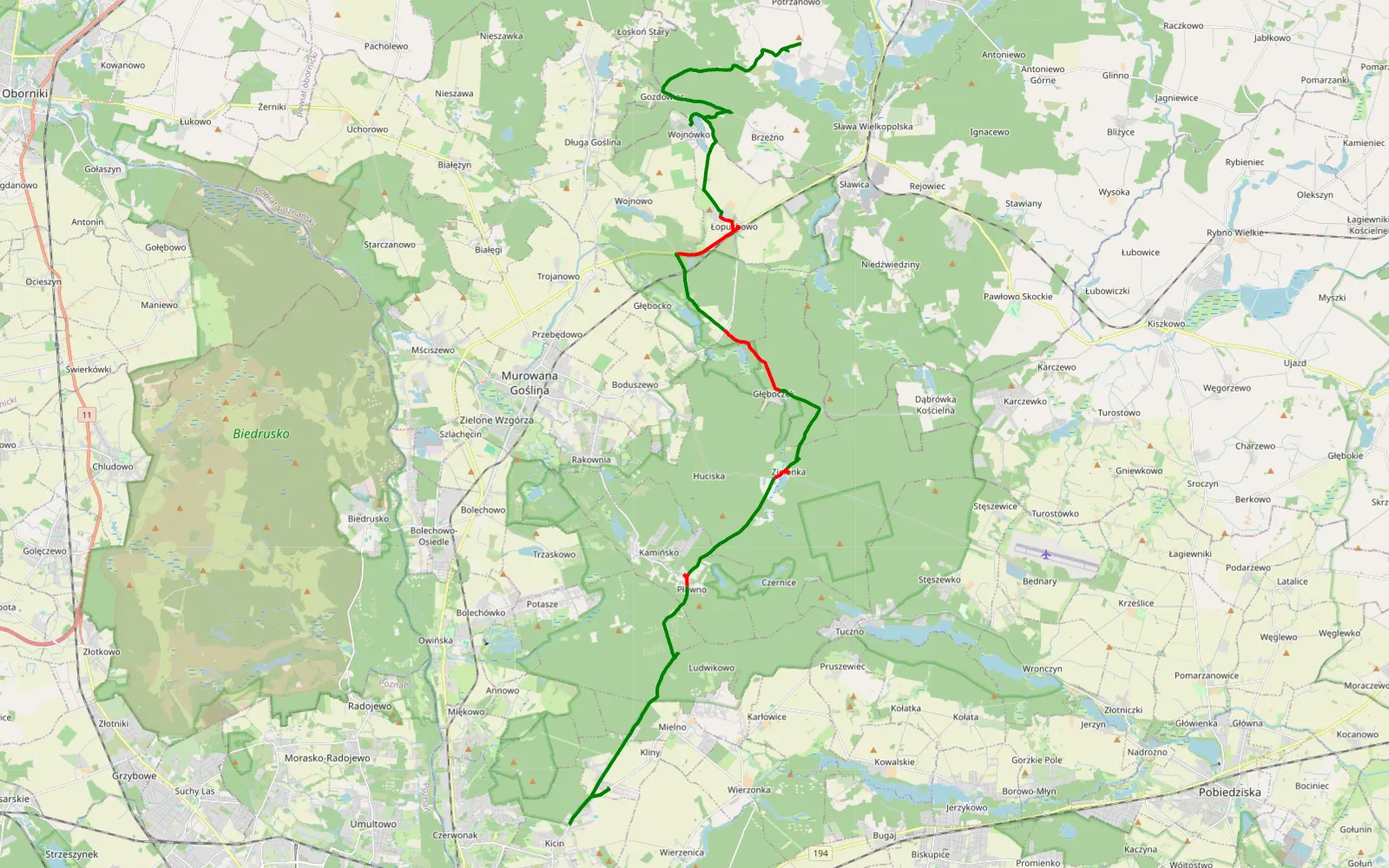 Map of Kicin - Włókna - 33.3 km offroad trail, Poznań County