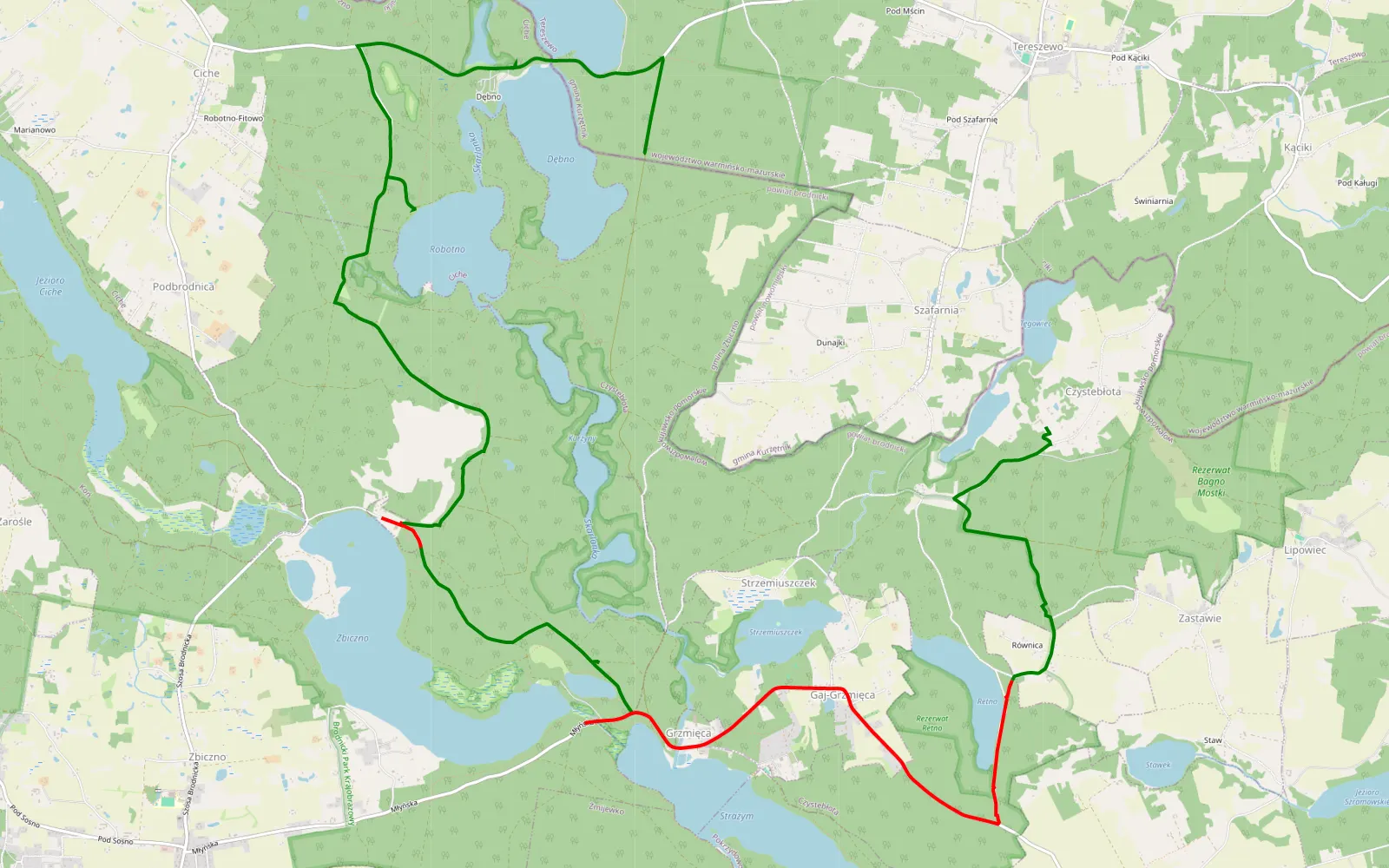 Mapa trasy Szafarnia - Czystebłota - 16.3 km trasy offroad, Powiat Brodnicki
