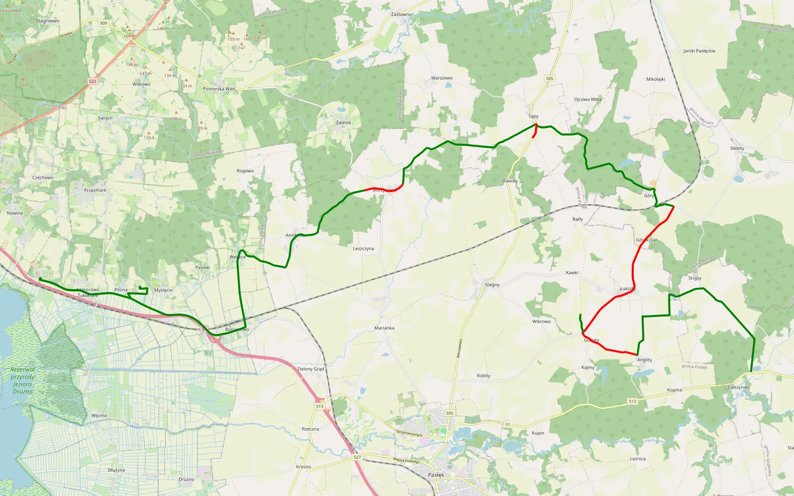 Map of Grzyby - 23.3 km offroad trail, Elbląg County
