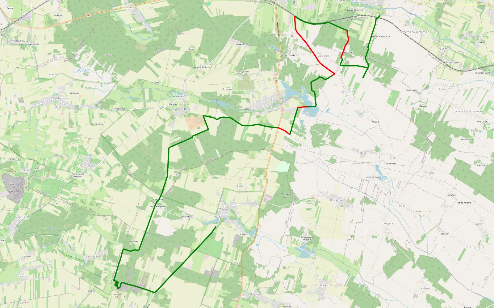 Mapa trasy Zręcze Małe - Młyny - 20.9 km trasy offroad, Powiat Kielecki