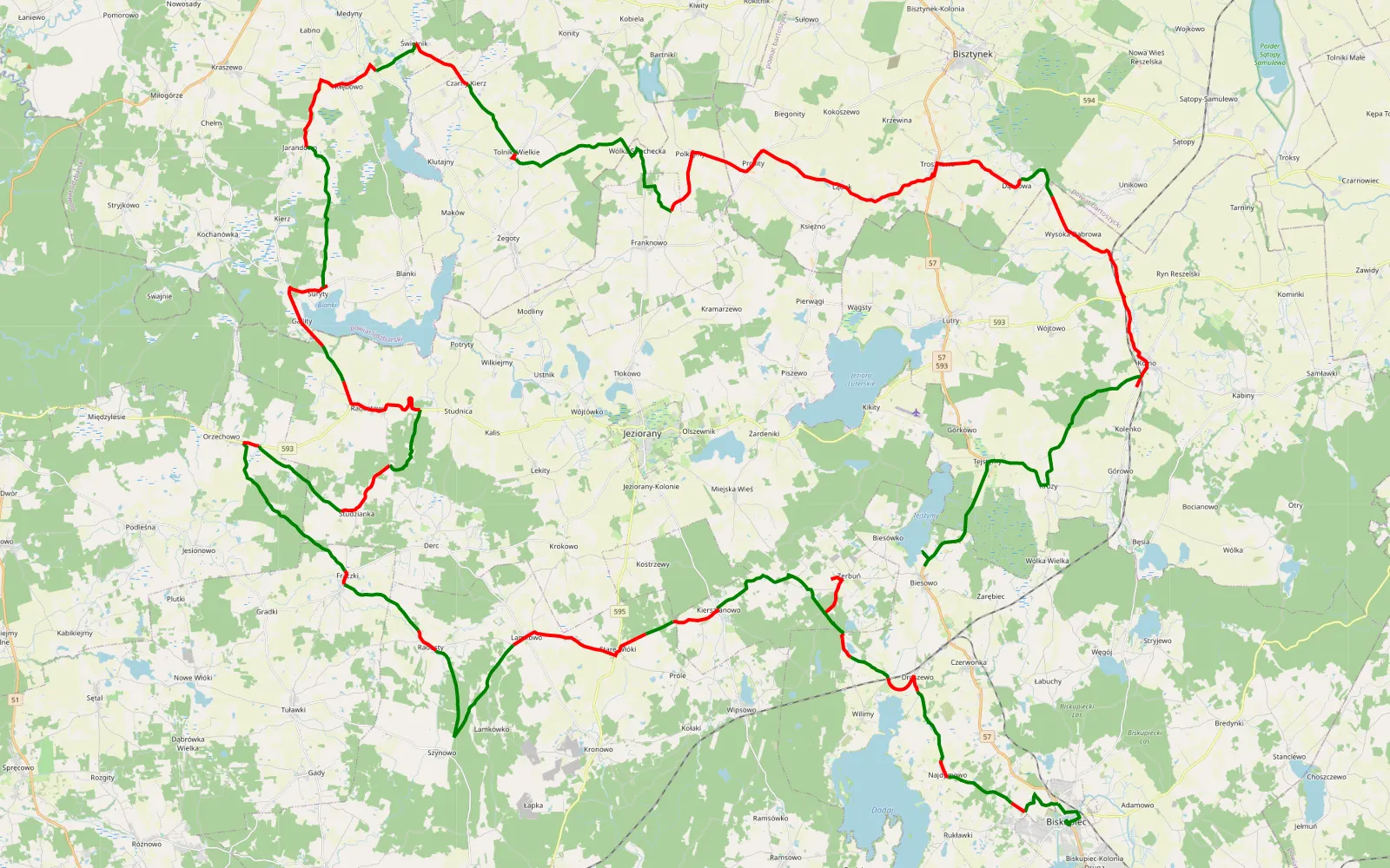 Mapa trasy ŚW 27 Tamoos - 117.6 km trasy offroad, Powiat Olsztyński