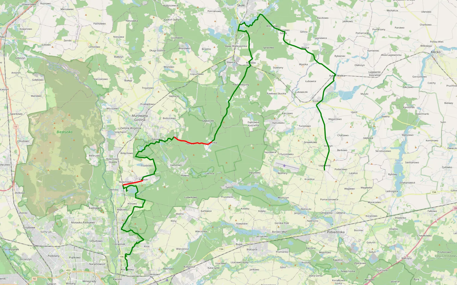 Map of Koziegłowy - Podarzewo - 45.8 km offroad trail, Poznań County