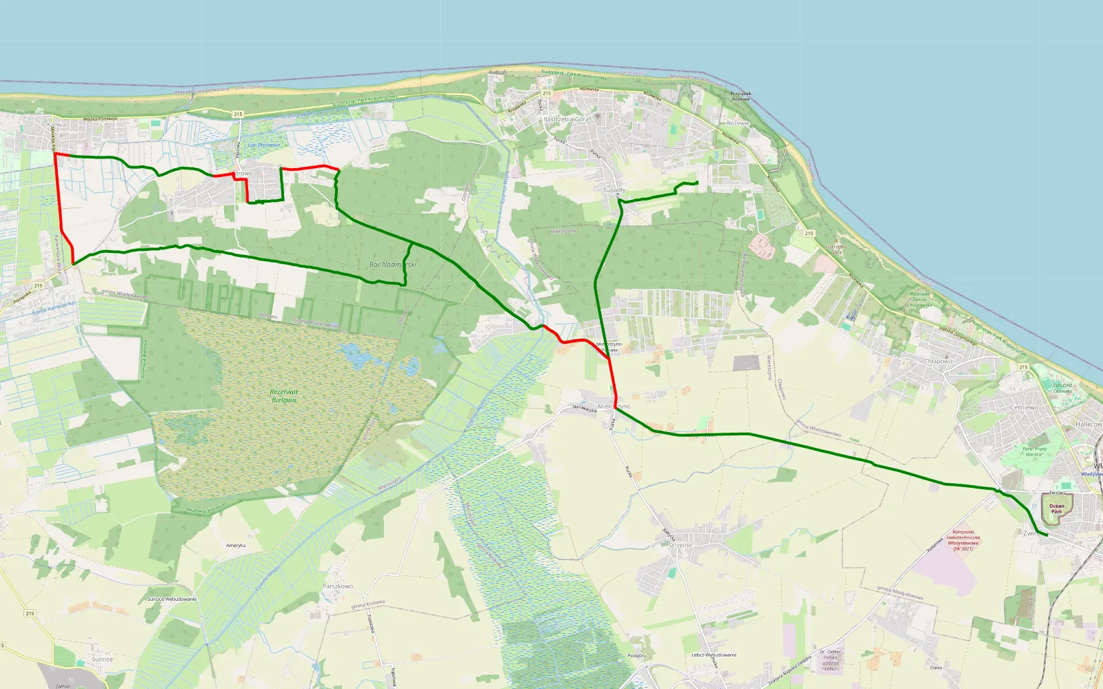 Mapa trasy Jasne Wybrzeże - Poczernino - 20.3 km trasy offroad, Powiat Pucki