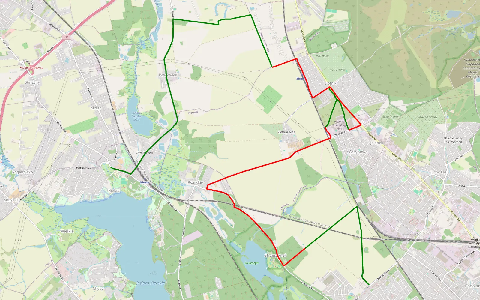 Mapa trasy Strzeszyn - Kiekrz - 16.1 km trasy offroad, Powiat Poznański