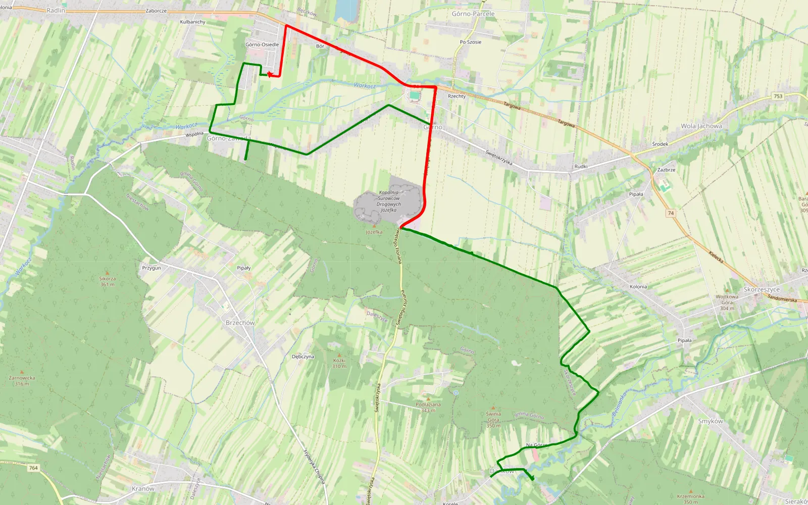 Mapa trasy Radlin - Wójtostwo - 16.3 km trasy offroad, Powiat Kielecki