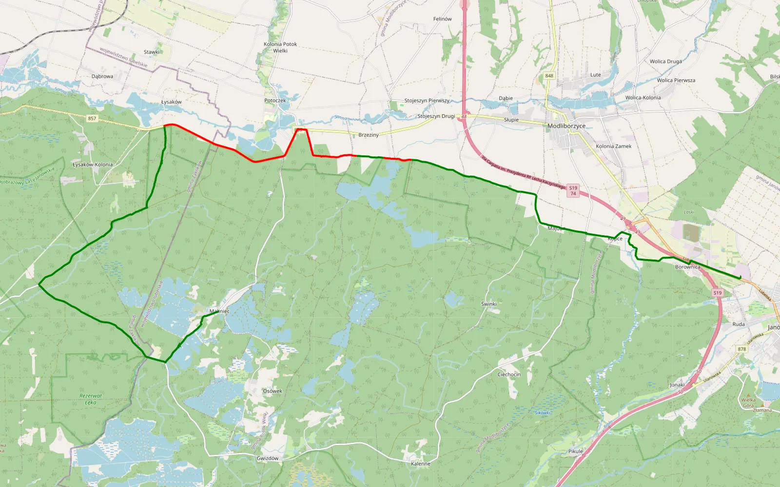 Mapa trasy Zaolszynie - 16.8 km trasy offroad, Powiat Janowski