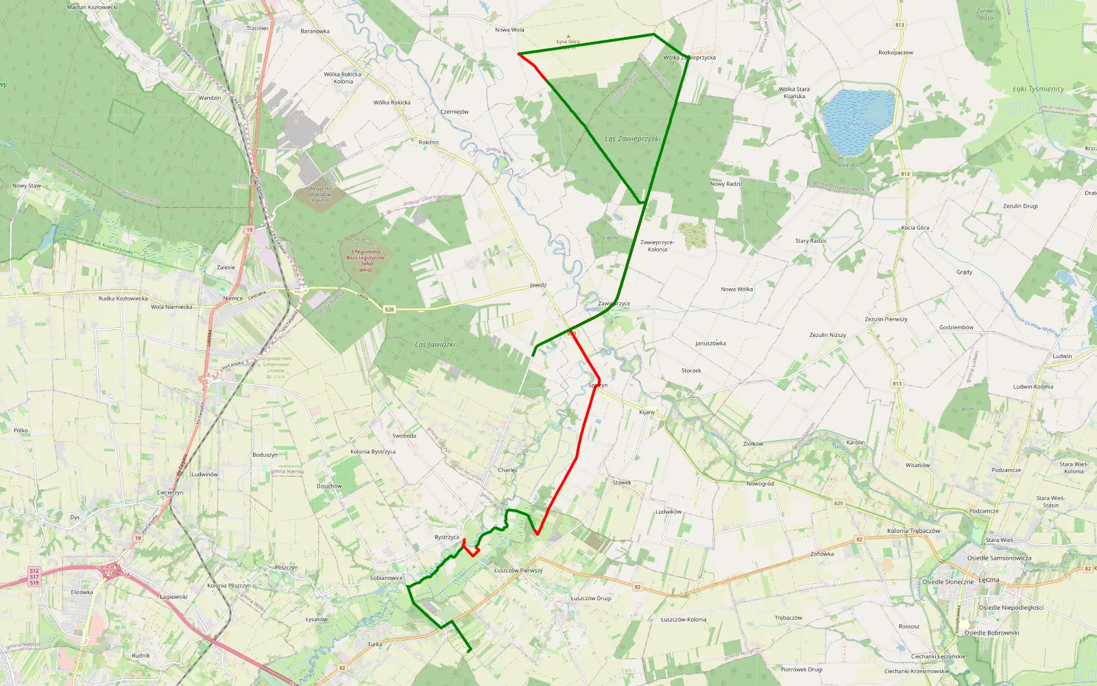 Map of Łuszczów Pierwszy - Spiczyn - 23.3 km offroad trail, Łęczna County