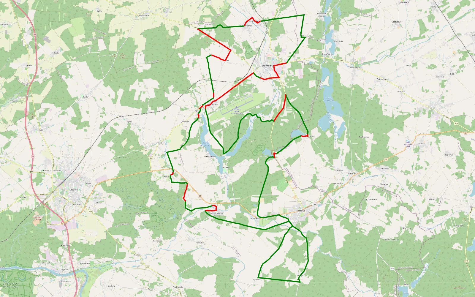 Mapa trasy Trasa Niedziela - KOZIOŁ RALLY 2 - 73.6 km trasy offroad, Powiat Zielonogórski