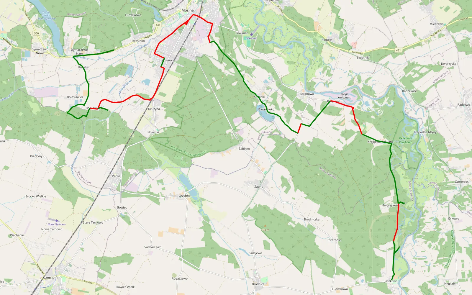 Mapa trasy Krosinko - Jaszkowo - 31.5 km trasy offroad, Powiat Poznański