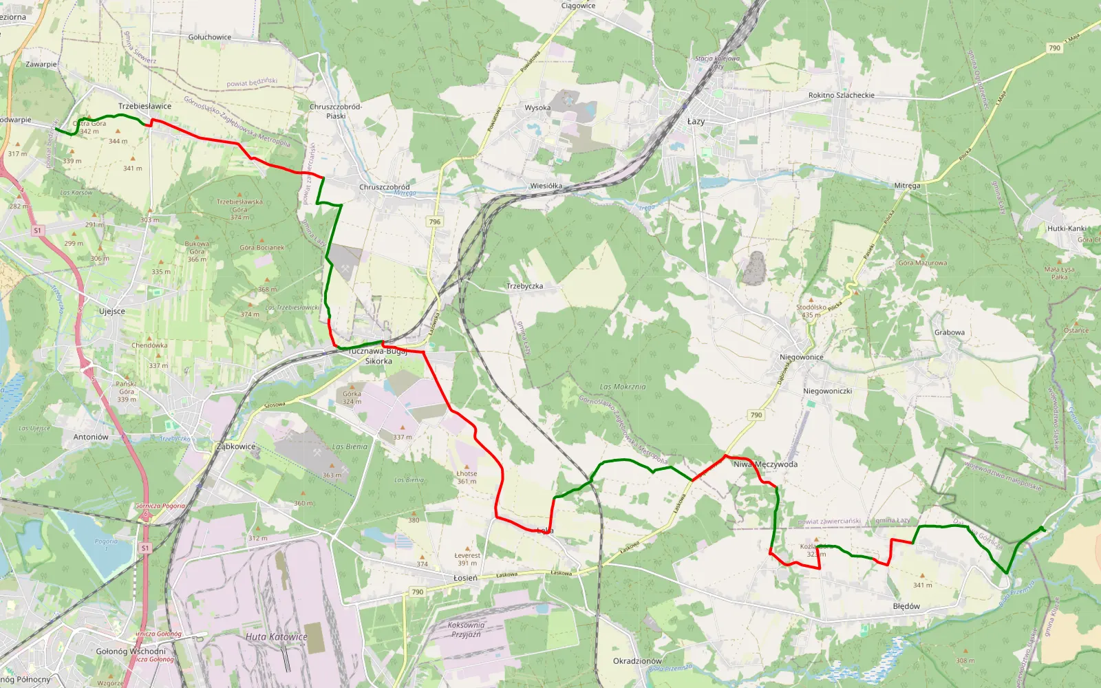 Mapa trasy Skałbania - Podwerpie - 28 km trasy offroad, Dąbrowa Górnicza