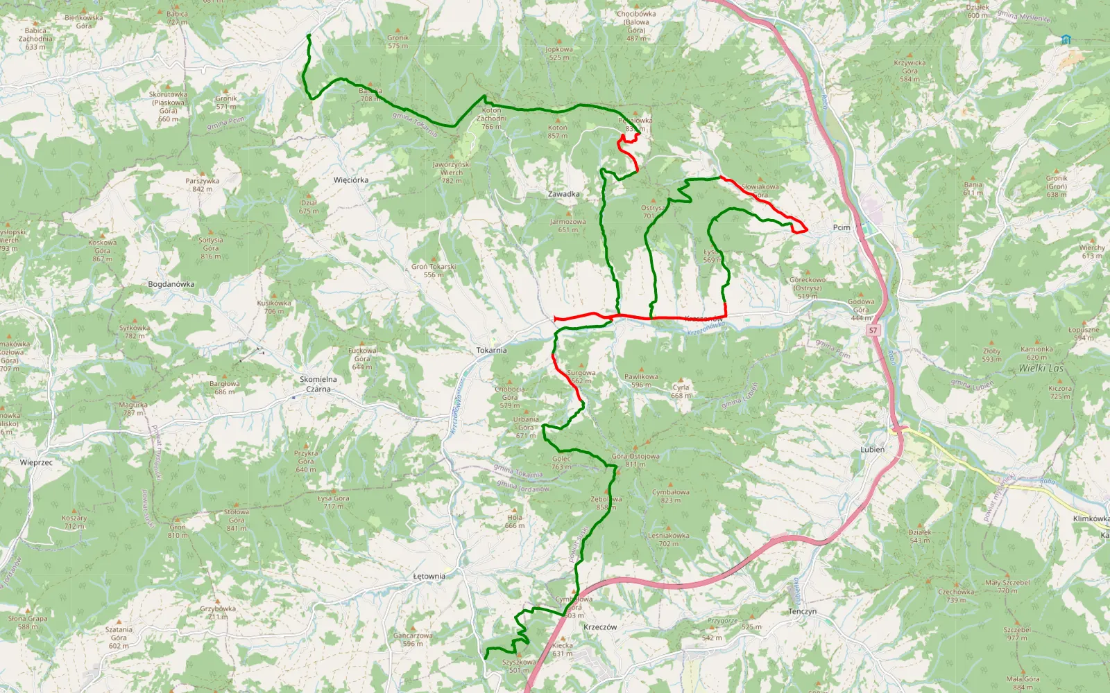 Map of Trzebunia - Łętownia - 39.2 km offroad trail, Myślenice County