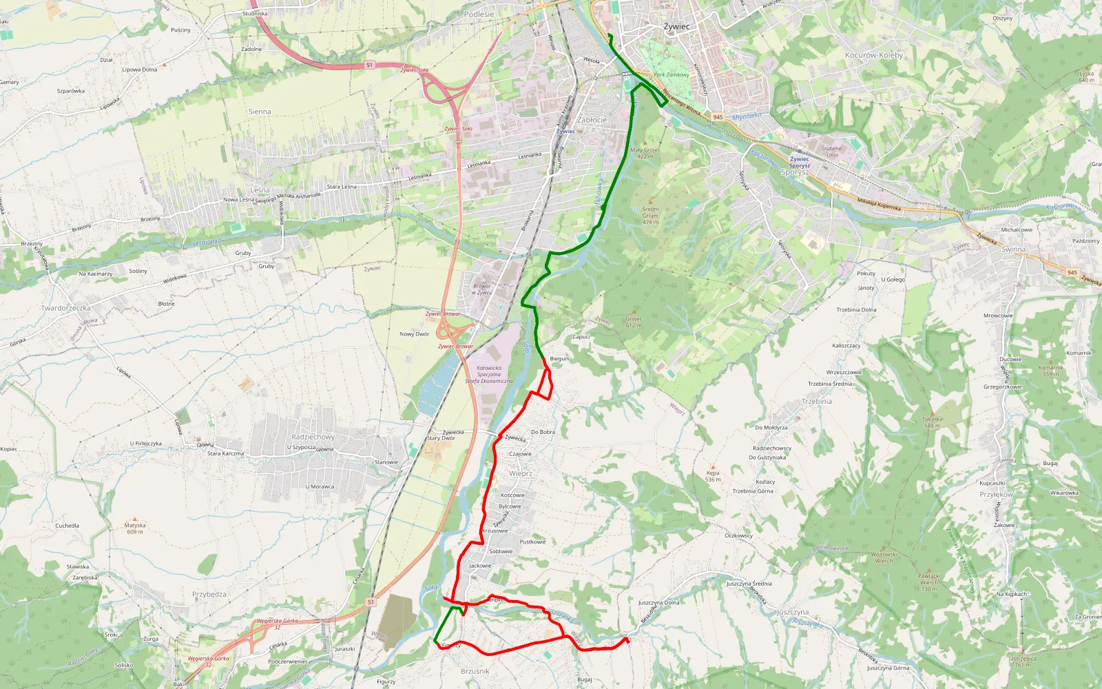 Mapa trasy Velo Sola - Juszczyna Dom - 15.7 km trasy offroad, Powiat Żywiecki